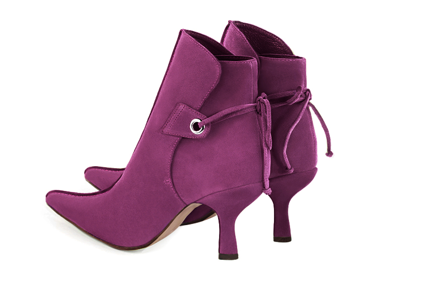 Mulberry purple women's ankle boots with laces at the back. Pointed toe. High slim heel. Rear view - Florence KOOIJMAN